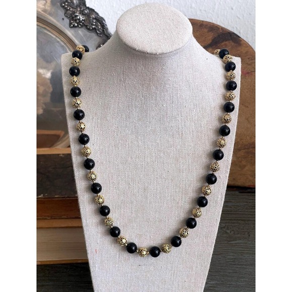 Jewelry - Vintage 28" Black Onyx & 4/20 Gold Filled Filigree Bead Statement Necklace 61g